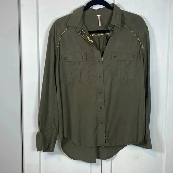 Free People - Dark army Green button down shirt - small - Picture 1 of 7